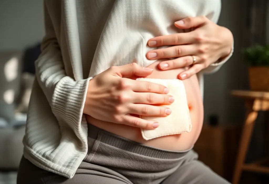 Une main posant délicatement une compresse chaude sur l'abdomen, dans un intérieur accueillant