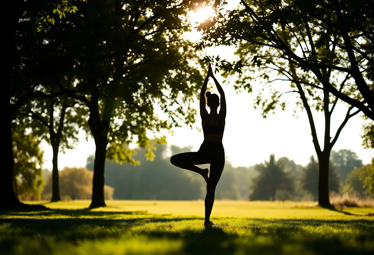Silhouette d'une femme pratiquant le yoga dans un parc ensoleillé