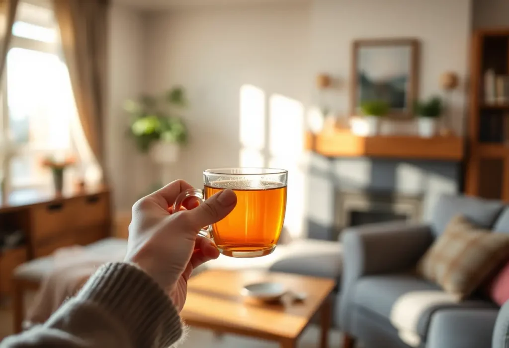 Une main tenant une tasse de thé chaud dans une pièce accueillante, lumineuse et chaleureuse