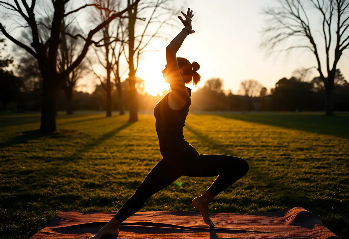 Un profil d'une femme en train de faire du yoga dans un parc au lever du soleil, éclairée par la lumière matinale