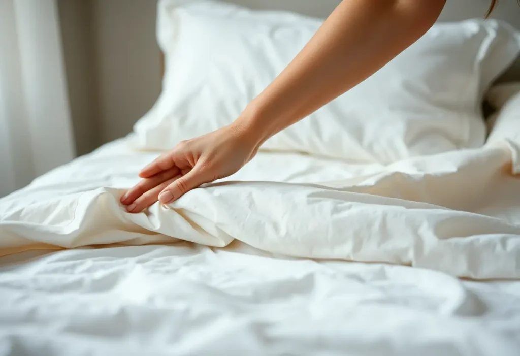 Main focus sur un drap en coton doux, rappelant le confort et la détente