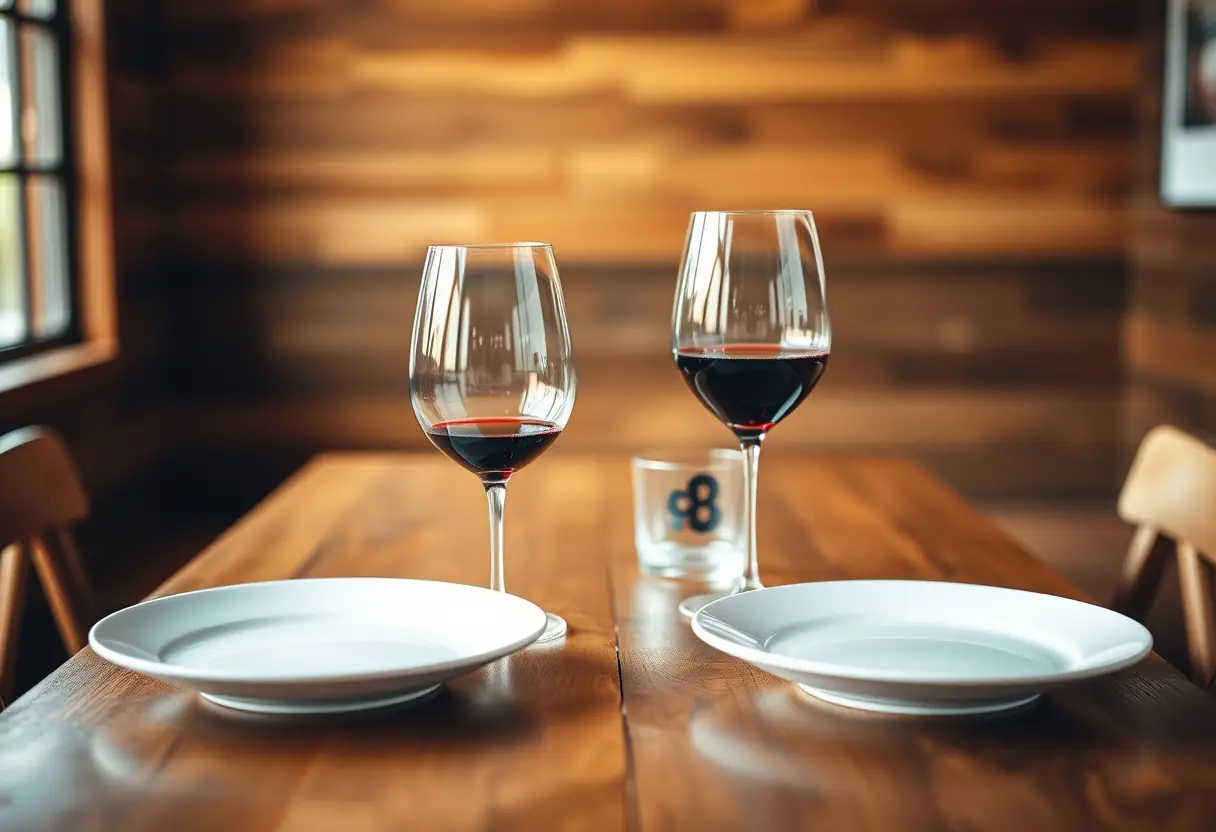 Table en bois pour deux personnes avec des verres de vin rouges, ambiance intime et chaleureuse