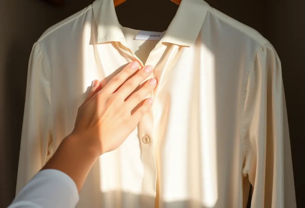 Une main lisse les plis d'une blouse en soie dans un placard, soulignant l'élégance de l'article.