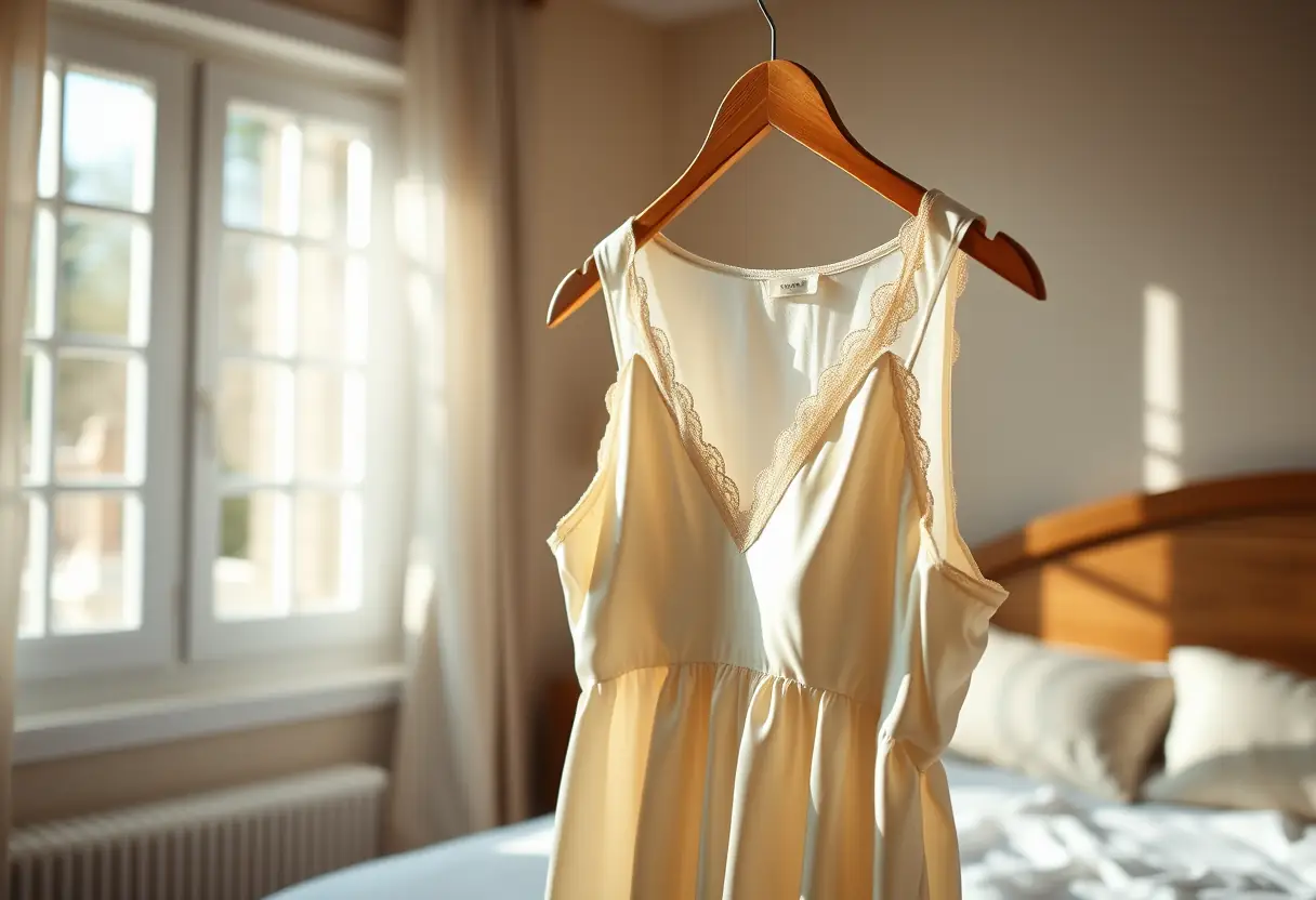 Un cintreuse en bois supporte une nuisette délicate dans une chambre baignée de lumière naturelle, mettant en valeur la douceur du tissu.