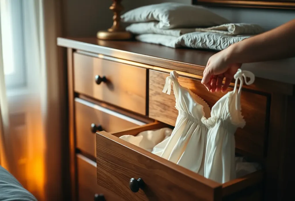 Une commode en bois dans une chambre douillette, éclairée par des lumières tamisées, contenant des nuisettes en soie