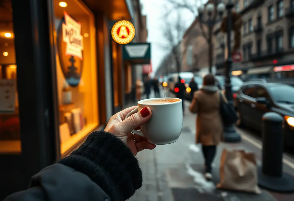 Une main tenant une tasse de chocolat chaud devant une vitrine éclairée, sur un trottoir en hiver