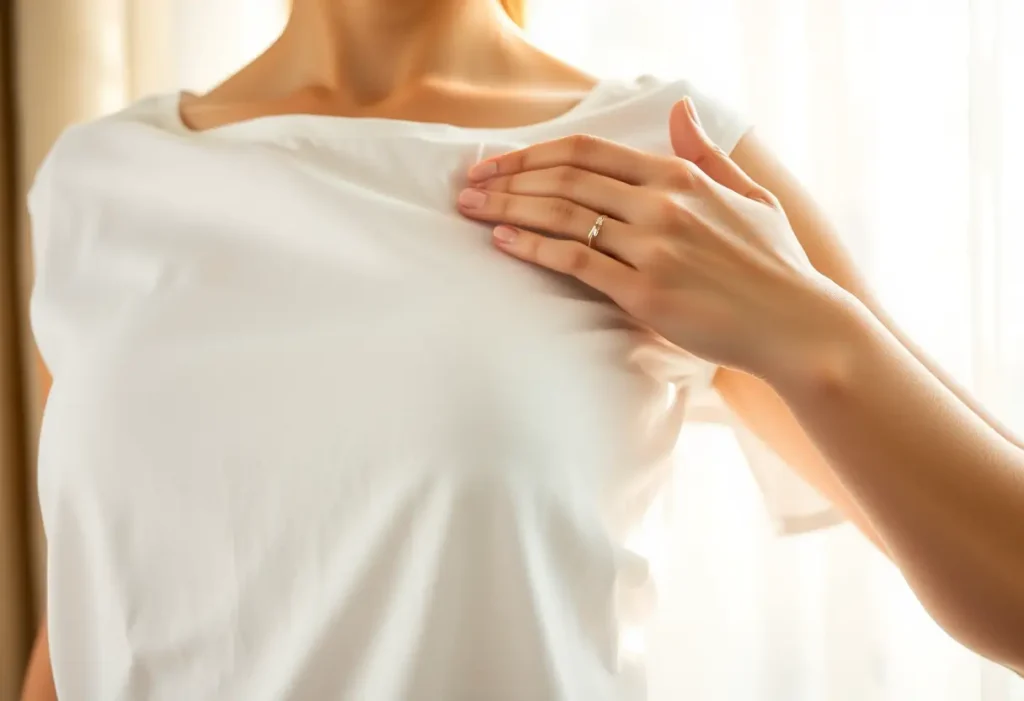 Une main féminine ajuste un body sous un chemisier blanc, lumière naturelle