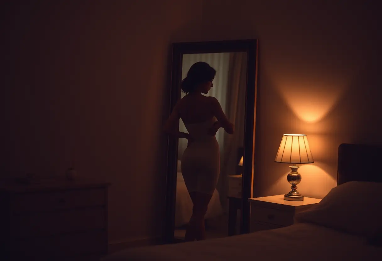 Un profil se reflète dans un miroir accroché dans une chambre douillette, éclairée par des lampes tamisées