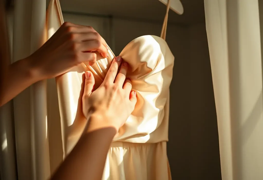 Une main lisser les plis d'une nuisette en satin dans un placard, éclairage naturel