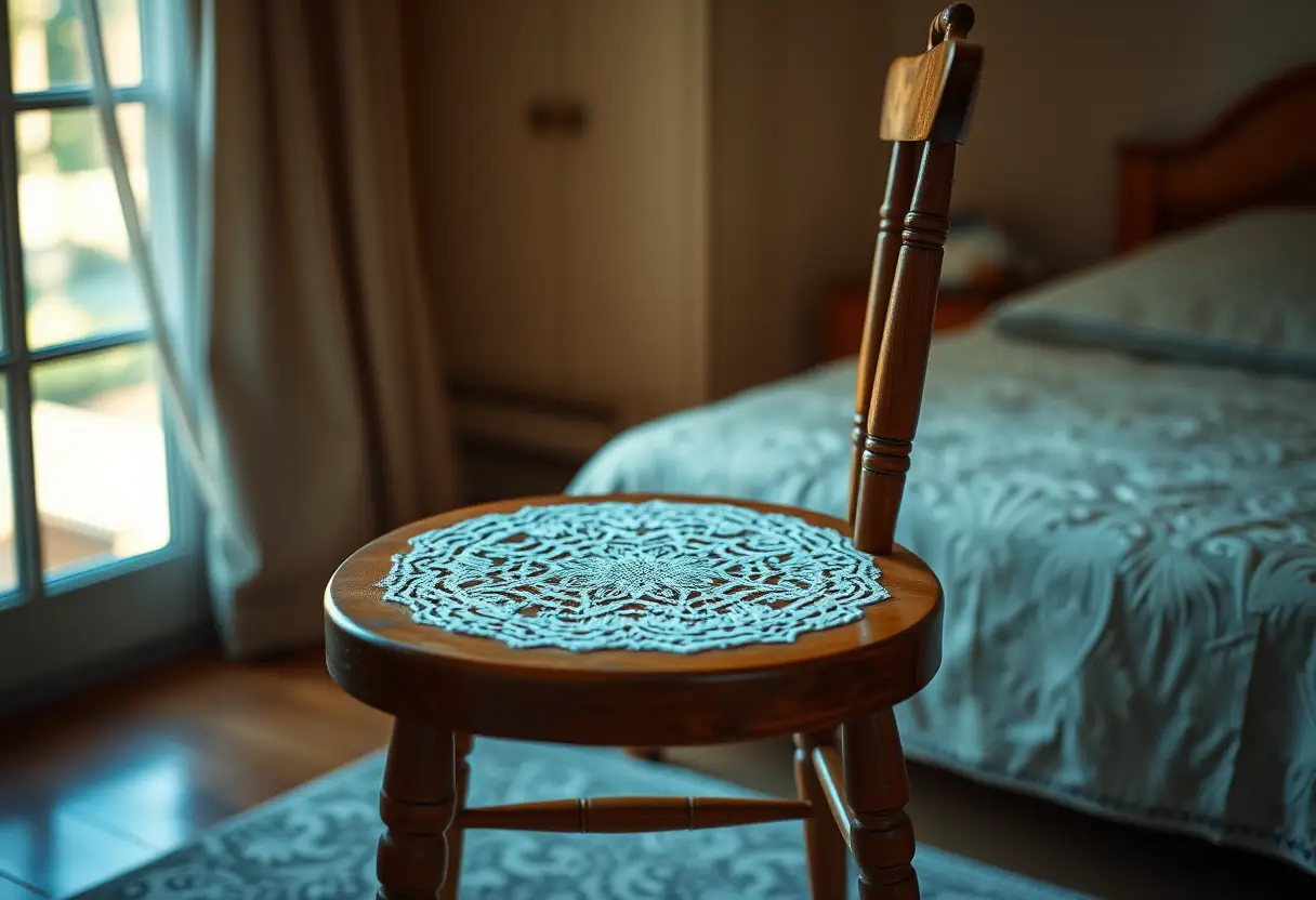 Un fauteuil en bois dans une chambre, son siège orné de dentelles, éclairage doux