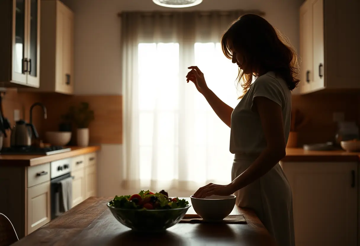 Un profil féminin peigne ses cheveux pendant qu'elle prépare une salade sur une table en bois