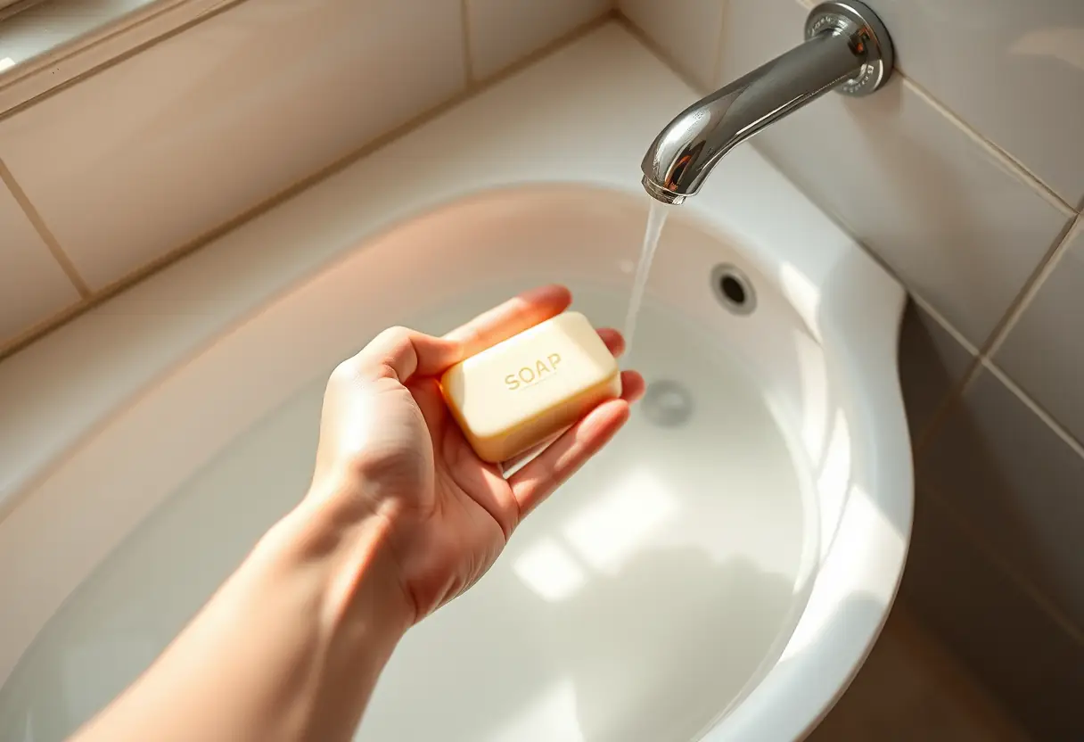 Une barre de savon dans un lavabo en porcelaine blanche