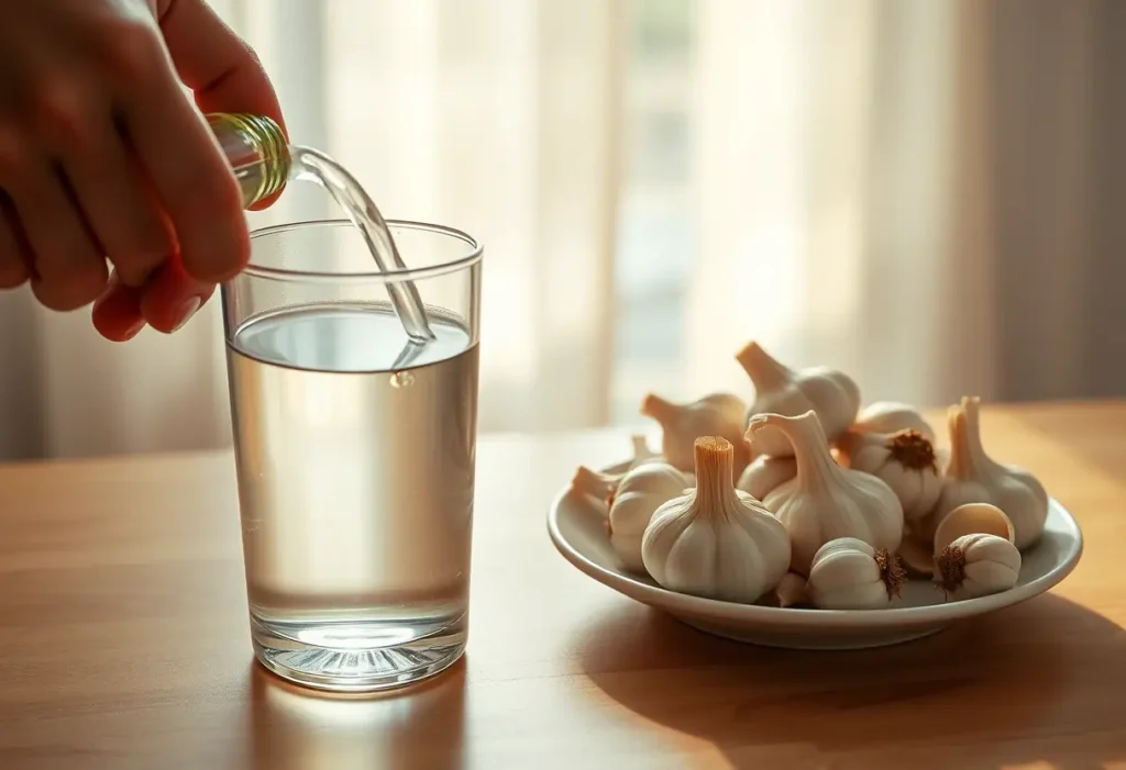 Une main verse de l'eau près d'un plateau d'ail, lumière du matin éclaire la table, soins naturels pour les mycoses vaginales.