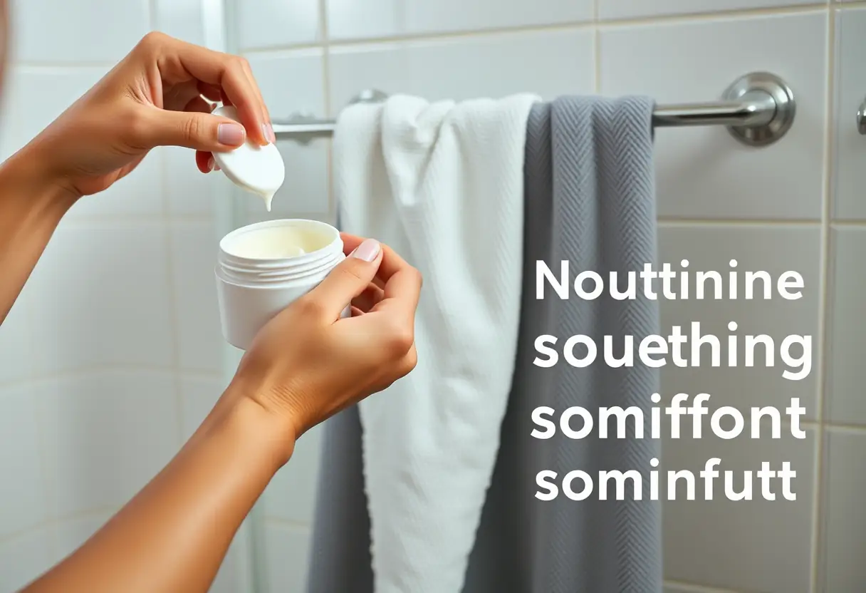 Une main applique une crème sur un gant de toilette dans une salle de bain, lumière douce met en valeur la routine apaisante pour les mycoses vaginales.