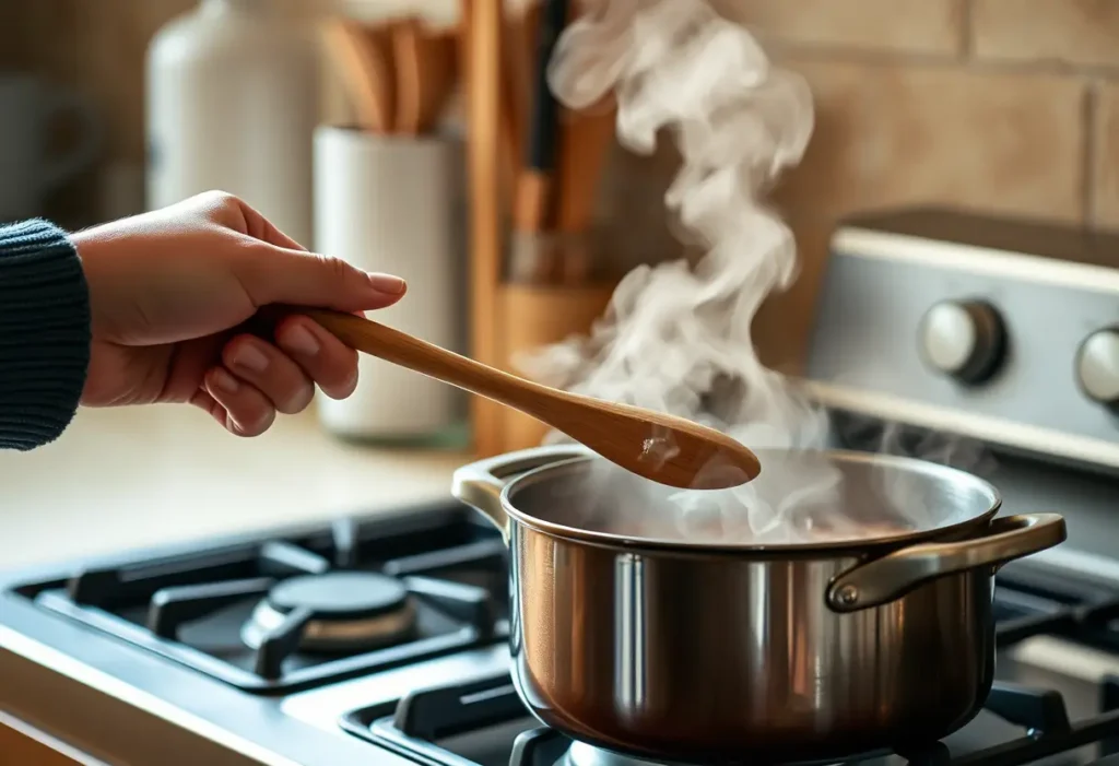 Une main tenant une cuillère en bois au-dessus d'une marmite bouillonnante, lumières naturelles d'une cuisine chaleureuse