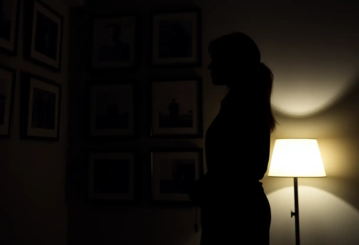 Une femme en silhouette devant un mur orné de photographies encadrées, l'espace est éclairé par une lampe diffusant une douce lumière