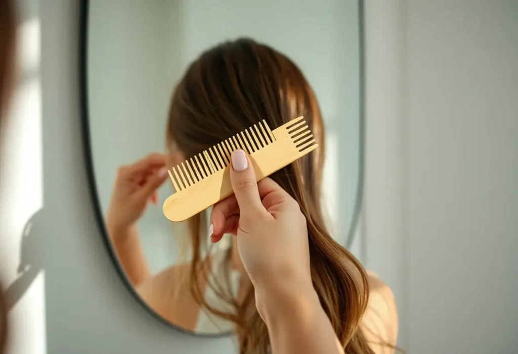 Une main tenant un peigne en bois poli brossant doucement les cheveux, symbole de soins et de routine.