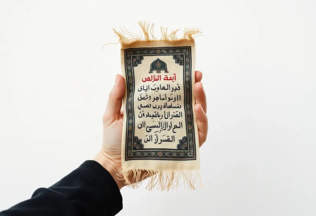 Des mains tenant un petit tapis de prière usagé, la texture et les plis du tissu racontant une histoire de foi quotidienne