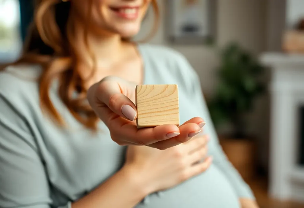 Une main féminine tenant un petit bloc en bois, représentant stabilité et soutien pendant la récupération post-partum