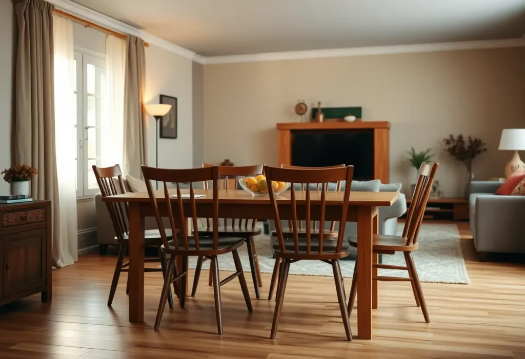 Un grand table en bois dans un salon accueillant, éclairée par la lumière du soir