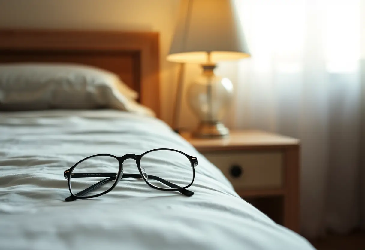 Une paire de lunettes posées sur une table de nuit, éclairées par la lumière du matin
