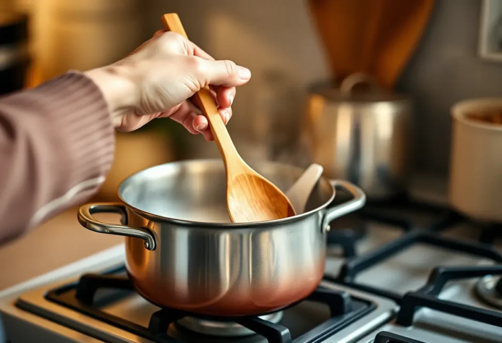 Main image d'une cuillère en bois dans une cuisine chaleureuse, symbolisant l'attention portée à soi-même