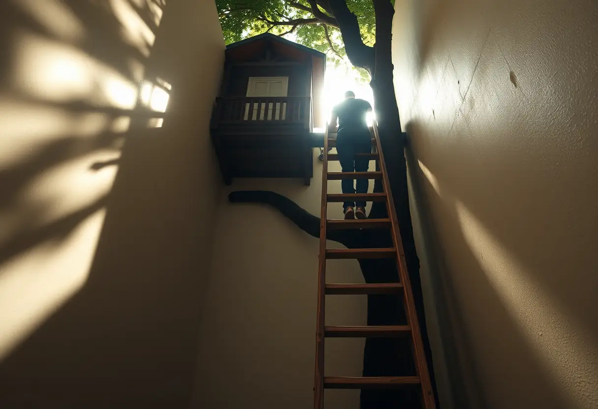 Escalier menant à un cabanon, symbole de croissance personnelle et de découverte de soi