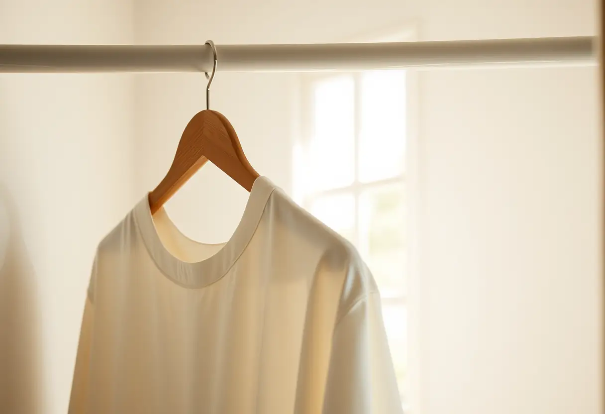 Un cintre en bois dans un placard bien éclairé, avec des vêtements soigneusement pliés, symbolisant l'acceptation de soi et le bien-être.