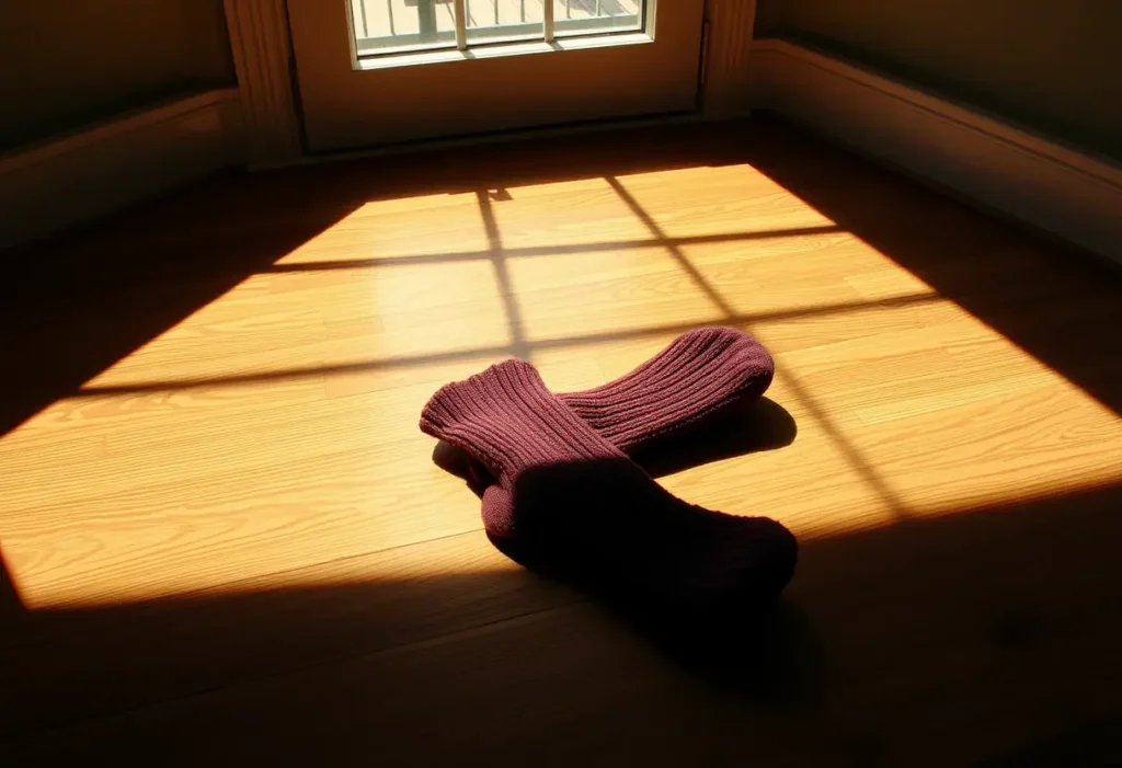 Un paire de chaussettes en laine posées sur un plancher en bois, évoquant chaleur et confort.