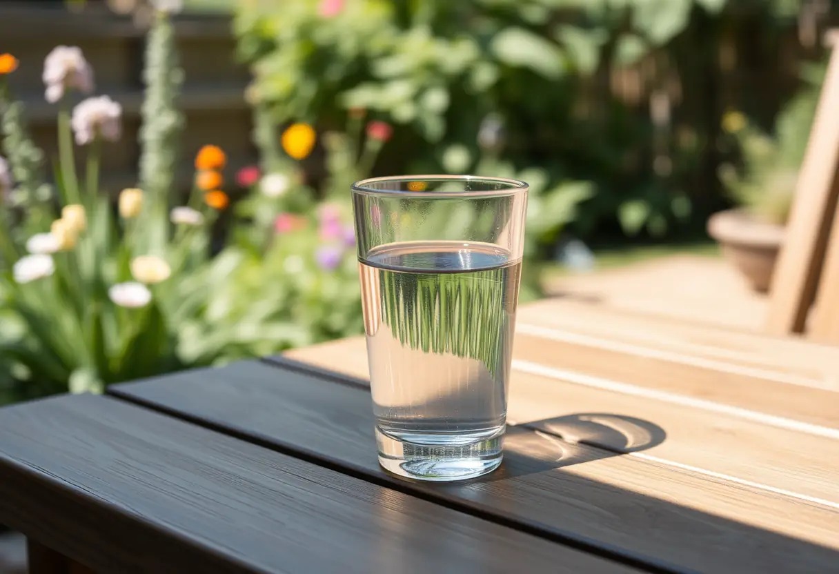 Un verre d'eau sur une table en bois, reflétant la sérénité nécessaire lors des changements préménopausaux.