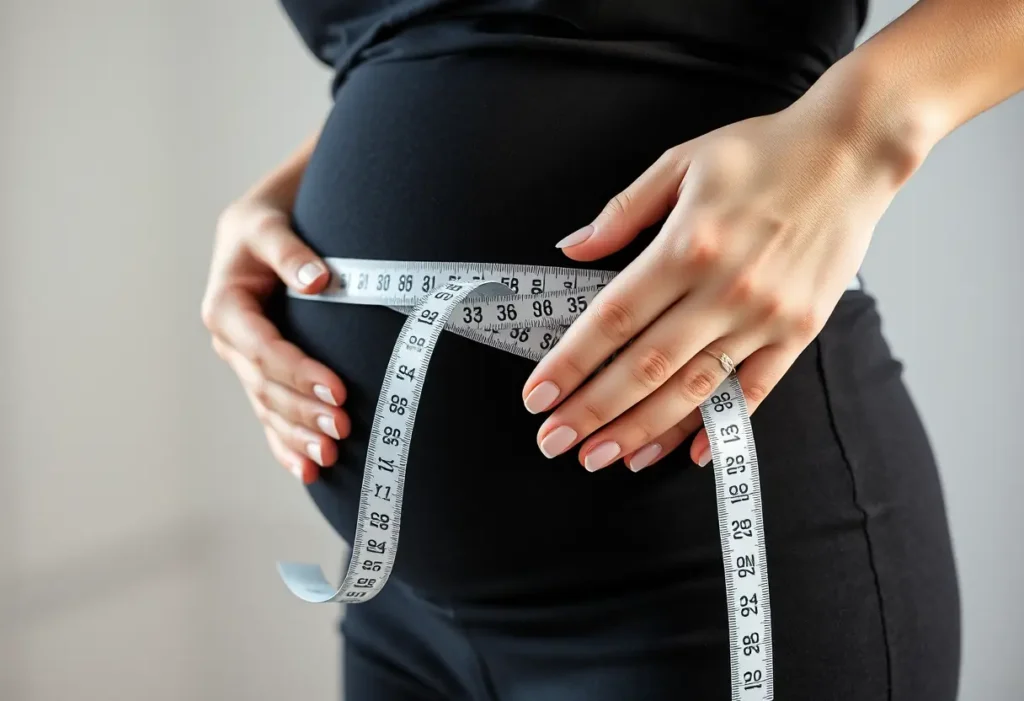 Une main féminine tient un mètre ruban doux posé sur un ventre enceinte