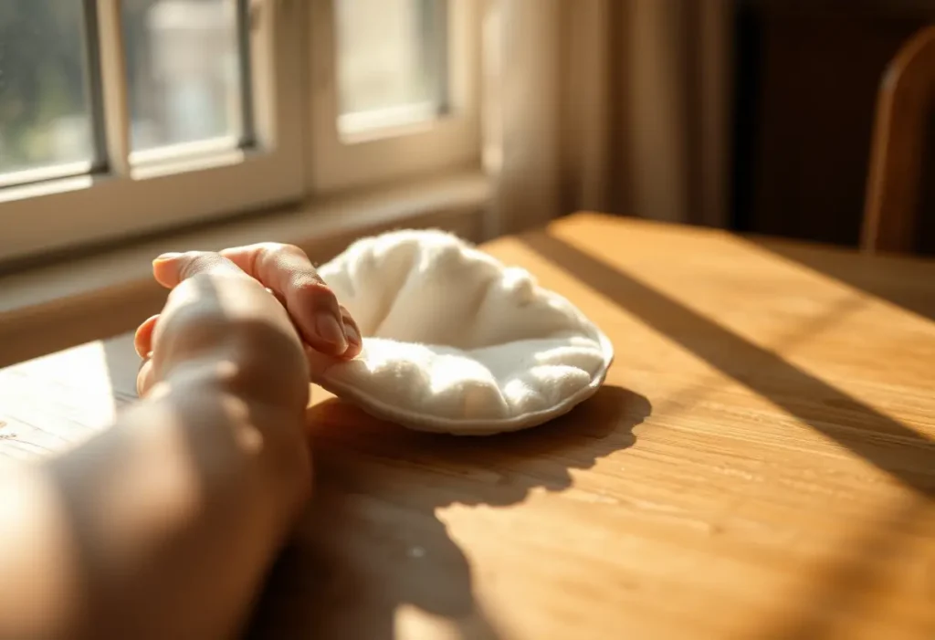 Une main posant un tampon en coton doux sur une table en bois, lumière naturelle