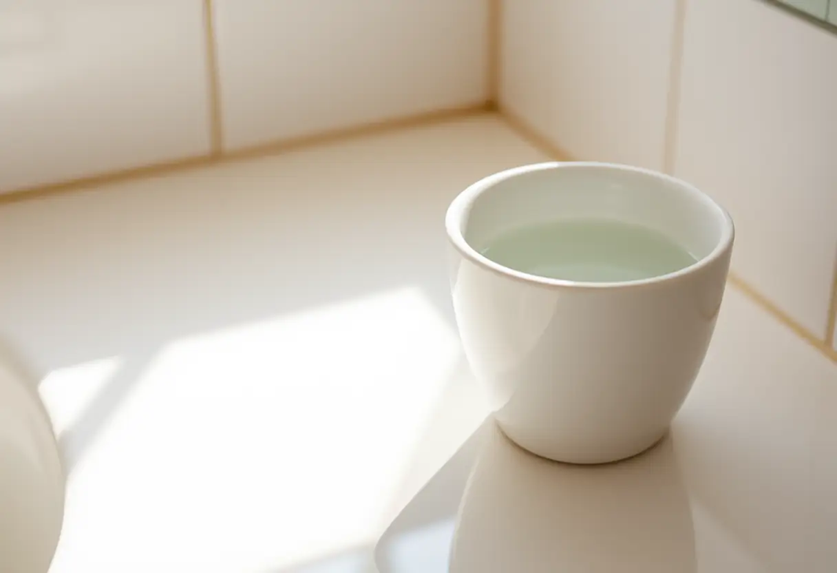 Un petit bol en porcelaine rempli d'eau posé sur une tablette de salle de bains, lumière naturelle