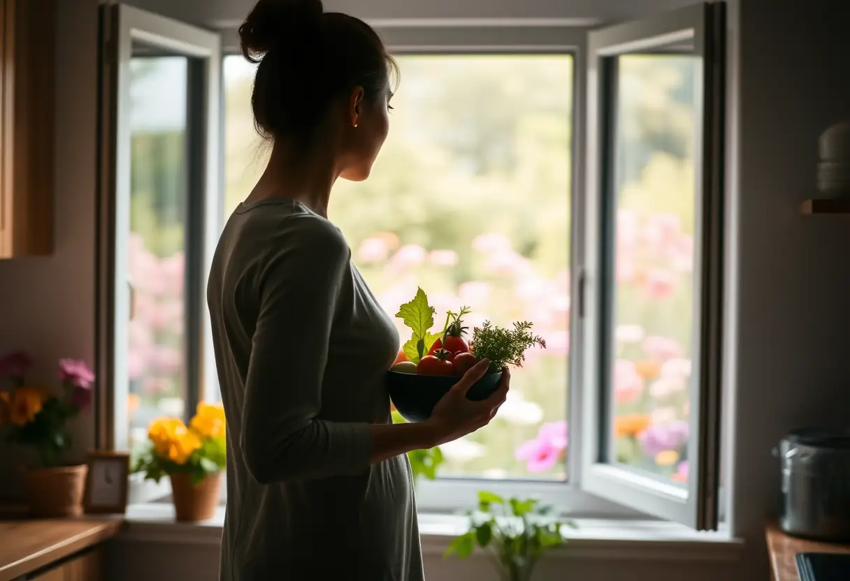 Femme regardant un jardin fleuri depuis sa cuisine