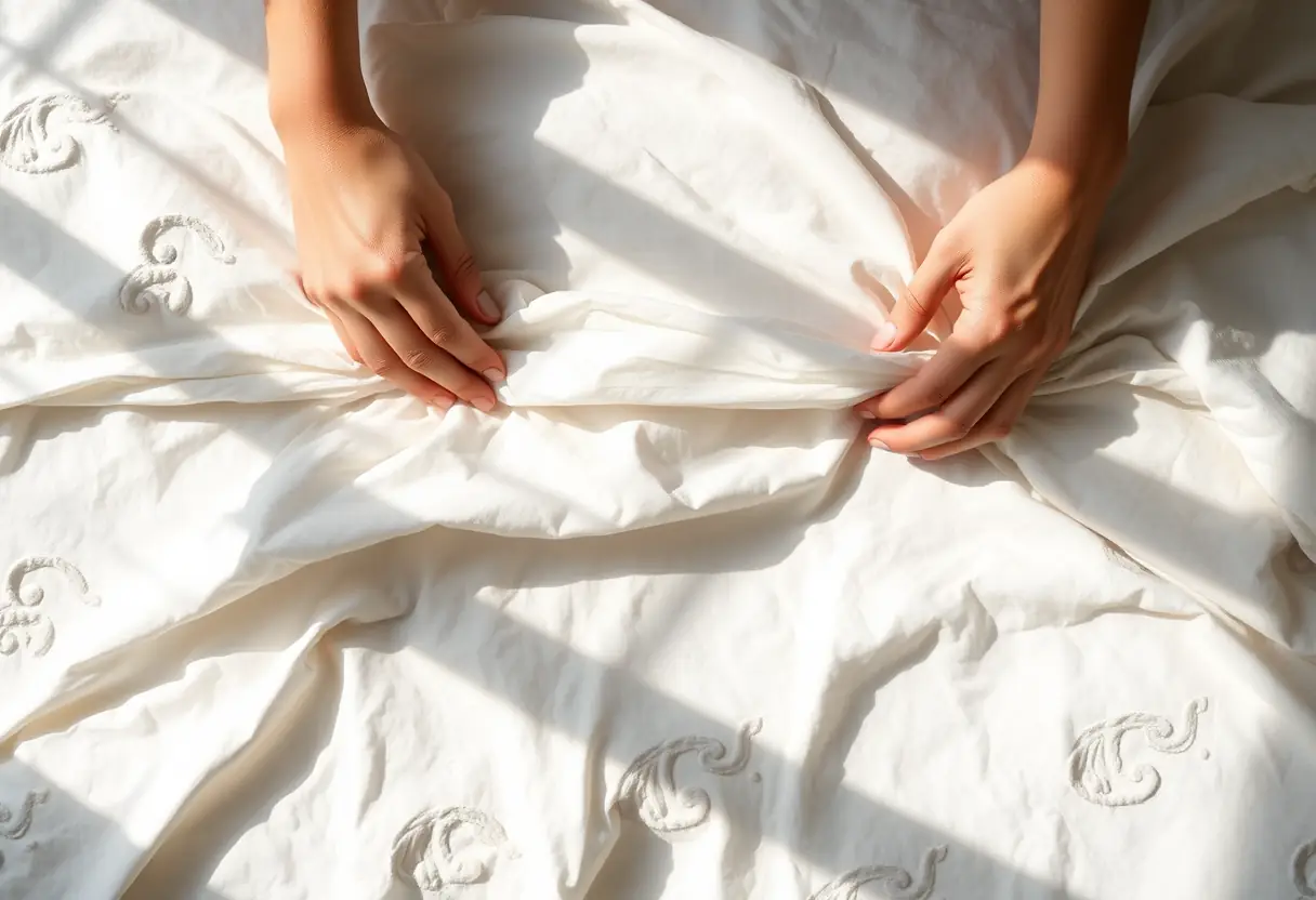 Douceur du quotidien : des mains replient doucement une serviette de lit