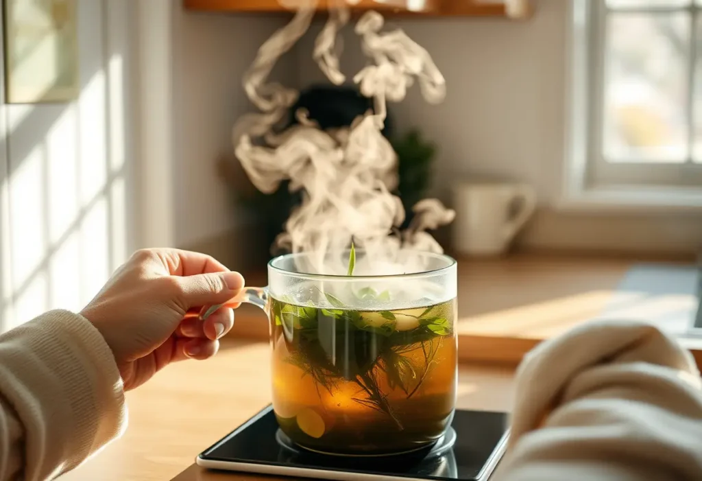 Des mains préparent une tisane dans la cuisine, la lumière du jour soulignant la vapeur apaisante