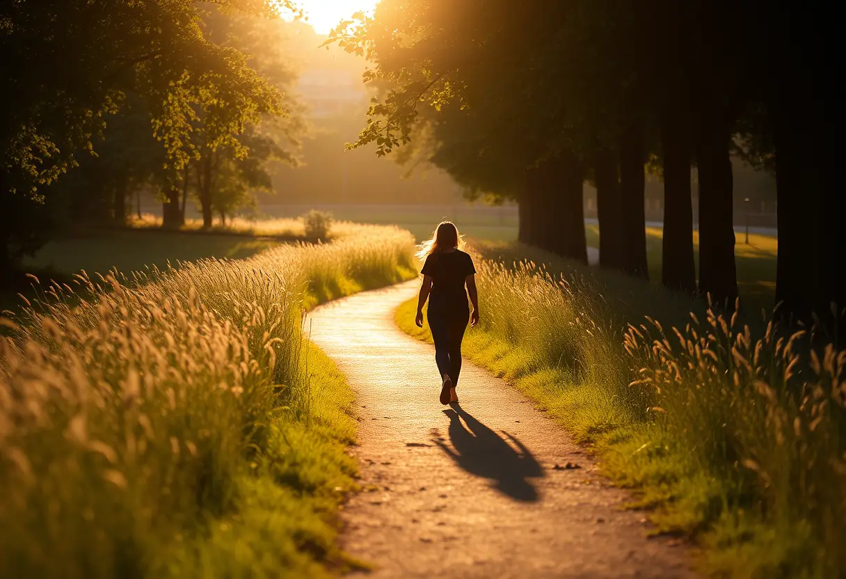 Une personne se promenant dans un parc, symbolisant la recherche du bien-être et de la sérénité