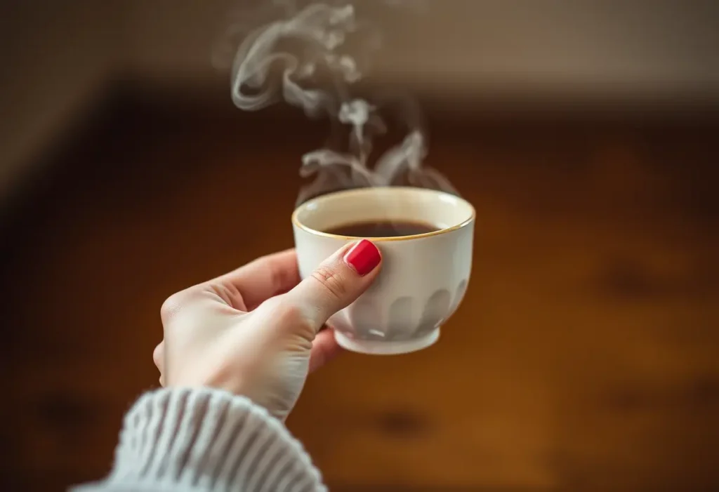 Une main féminine tenant une tasse de thé, la brume monte légèrement, lumières douces