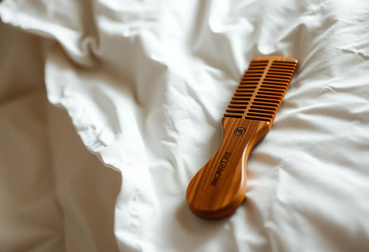 Un peigne en bois posé sur un couvre-lit en coton blanc, éclairage doux