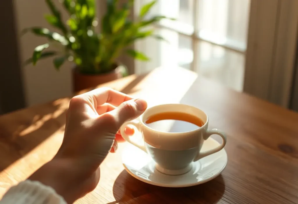 Une main tenant une tasse de thé chaud dans la lumière du soleil