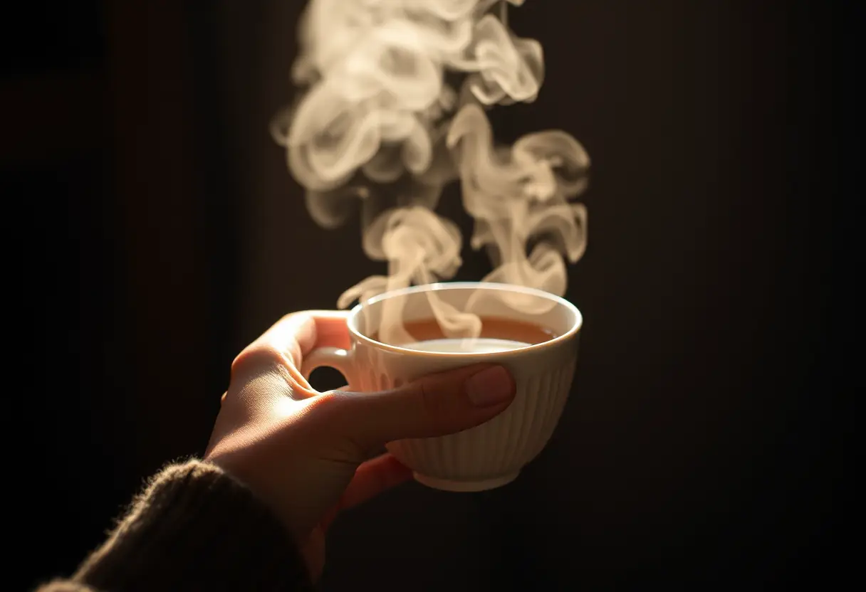 Une main féminine tient une tasse de thé chaud, apaisante