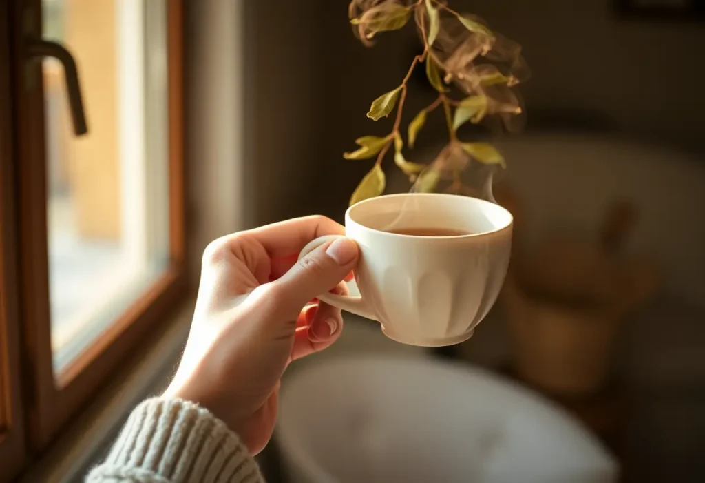 Une main tenant une tasse de thé herbeux chaud, éclairée par la lumière naturelle.