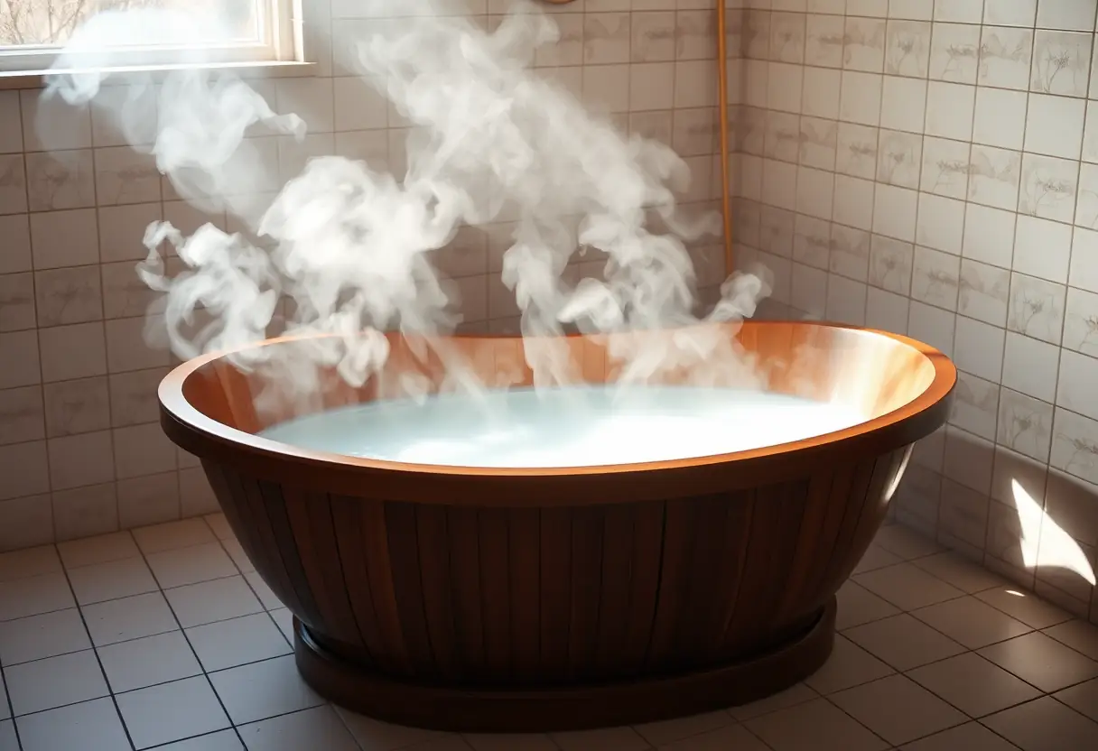 Un bain en bois rempli d'eau chaude, où s'échappe doucement de la vapeur, éclairé par une lumière tamisée.