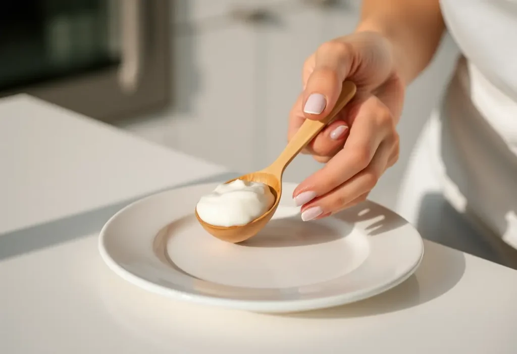 Main de femme tenant une cuiller en bois pleine de yaourt, sur une assiette blanche, dans une cuisine