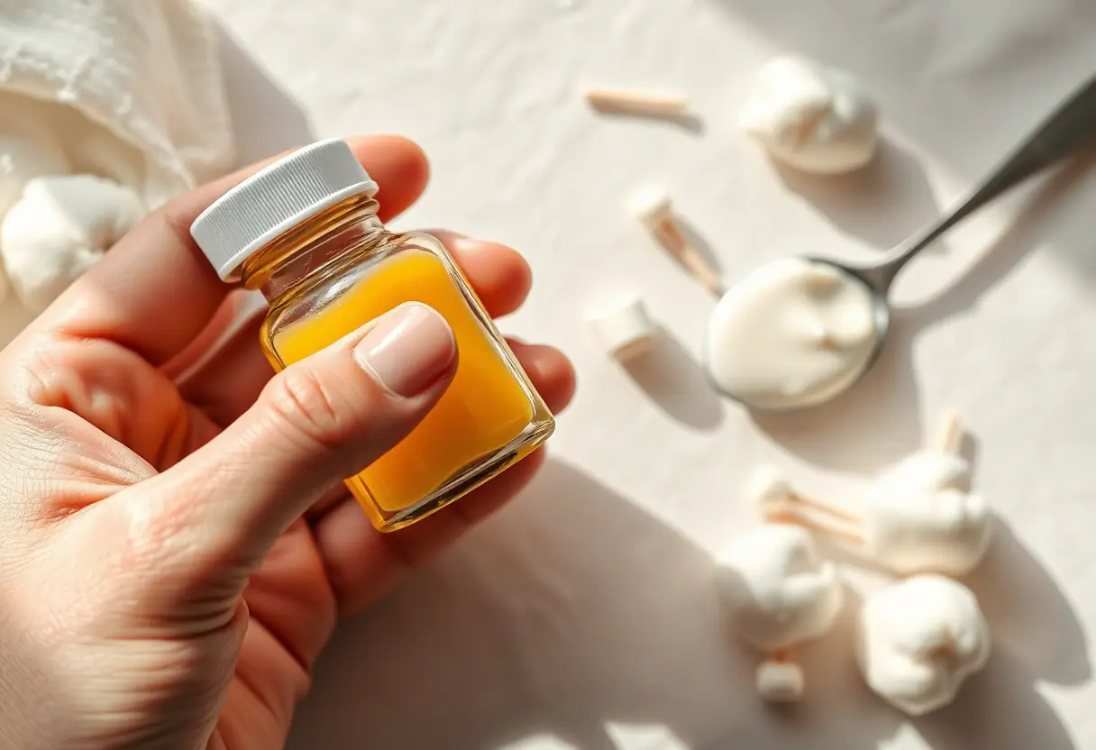 Une main tenant une petite bouteille contenant une pommade jaune, entourée de cotons-tiges et d'un pot de yaourt.
