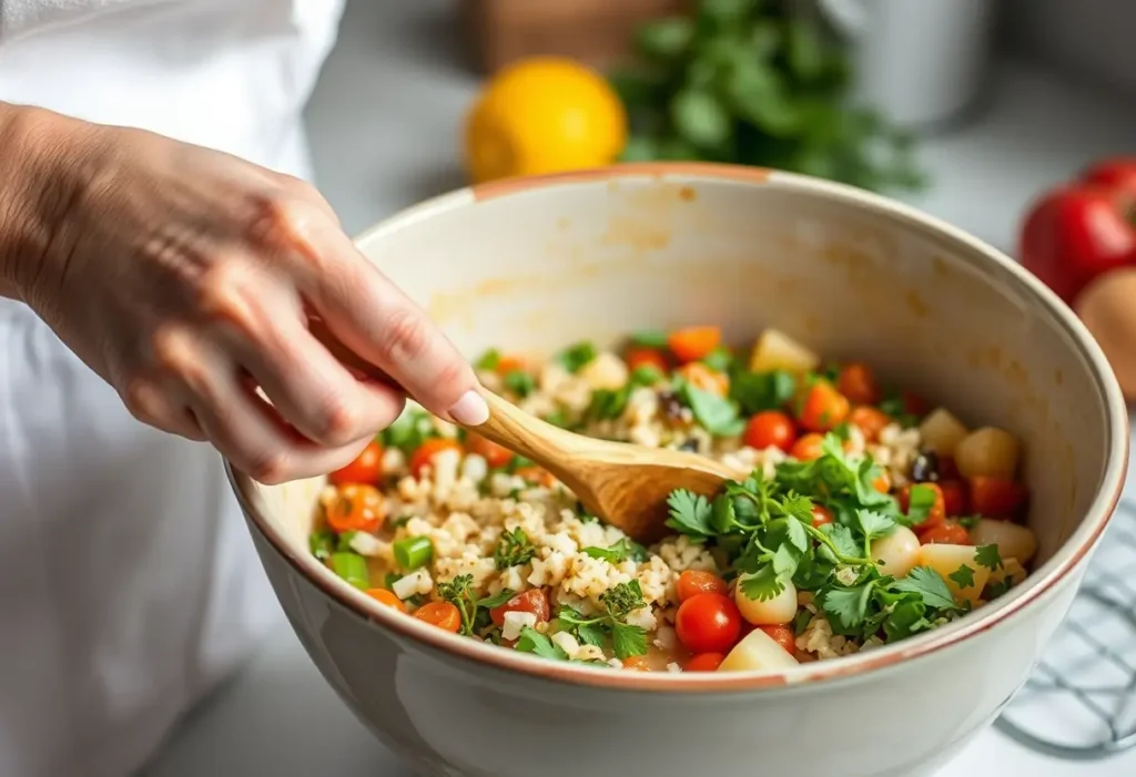 Main: Une main féminine remue délicatement une cuillère en bois dans une grande casserole en céramique, éclairée doucement, lien avec la bien-être féminin.