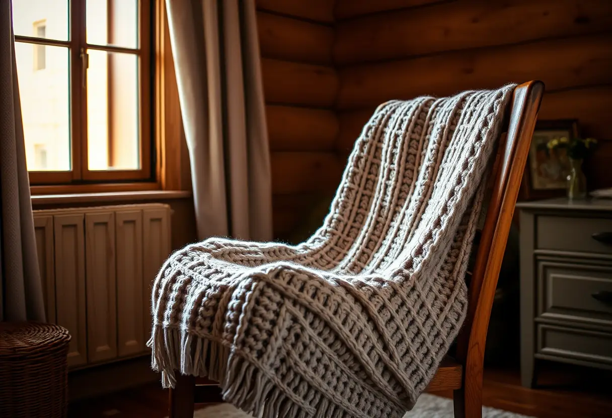 Texte alternatif: Un fauteuil en bois dans une chambre confortable, recouvert d'une couverture tricotée douce, lumière tamisée, relation au bien-être féminin.