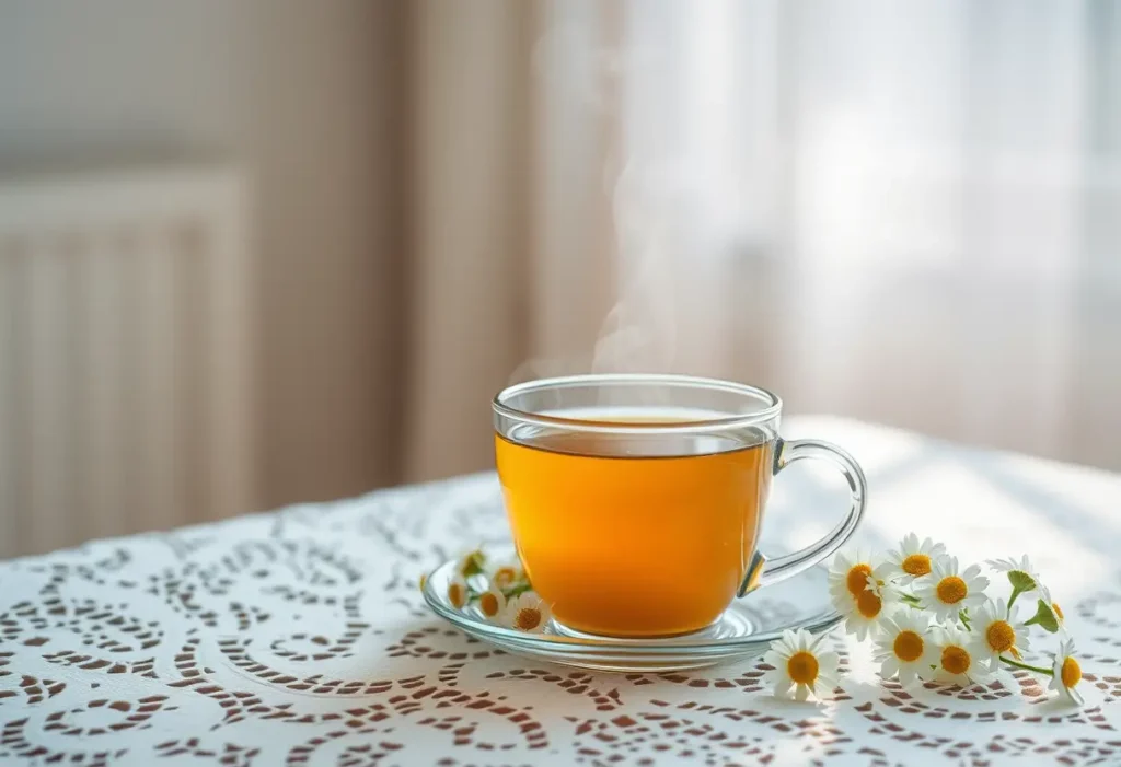 Une tasse de thé aux camomilles sur une nappe dentelée, symbole de bien-être pendant les épreuves