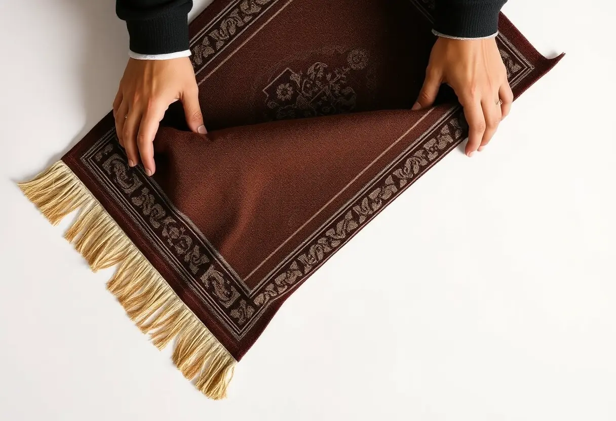 Des mains tenant un tapis de prière, symbole de paix intérieure pendant les démarches légales