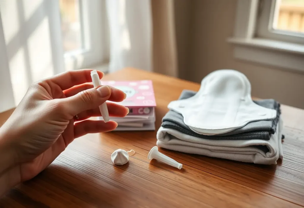Main de femme tenant un tampon en coton à côté d'un tampón en tissu posé sur une table en bois, mettant en évidence la variété des produits menstruels